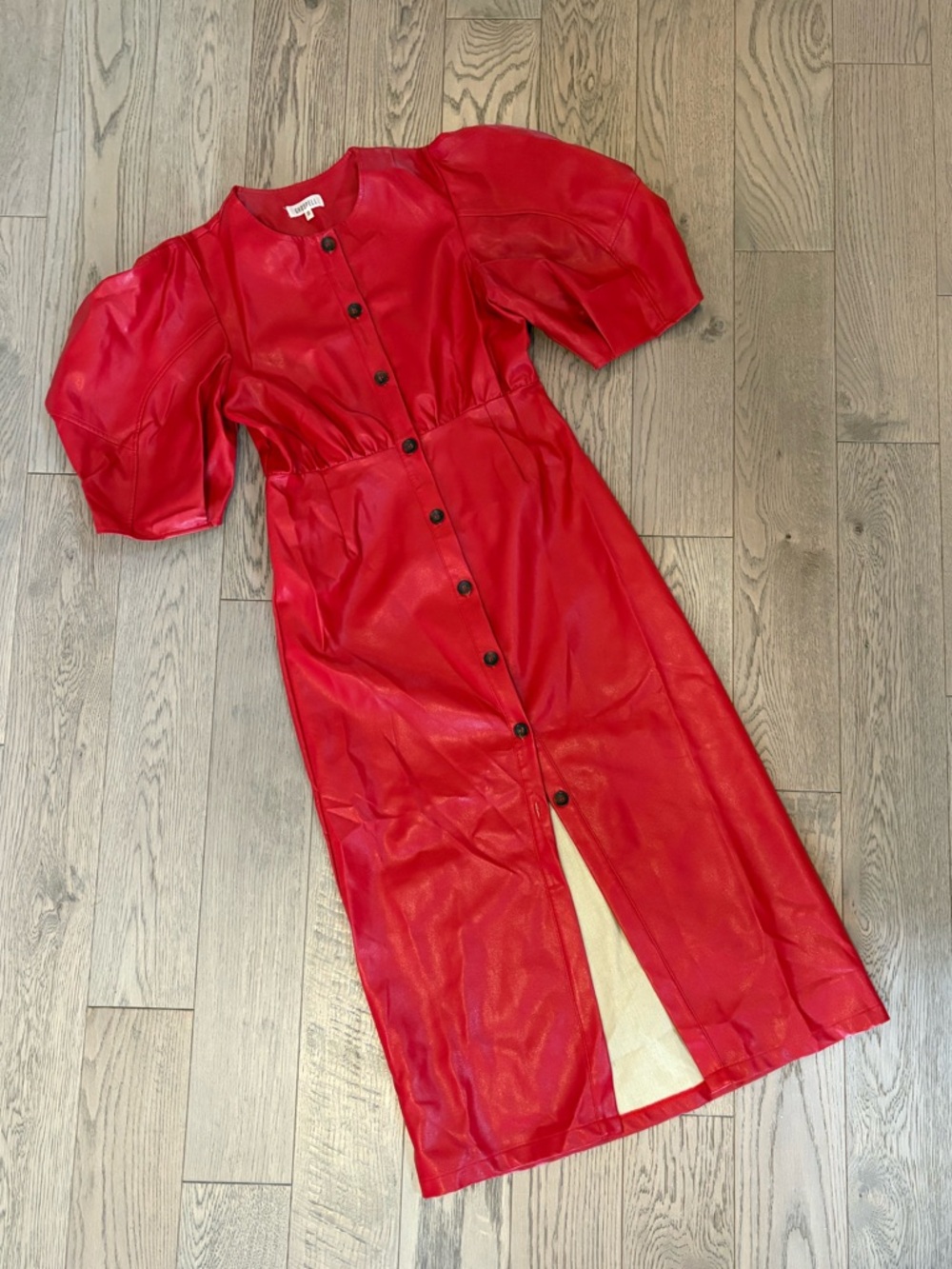 Ghospell Red Button-Front Dress with Puff Sleeves